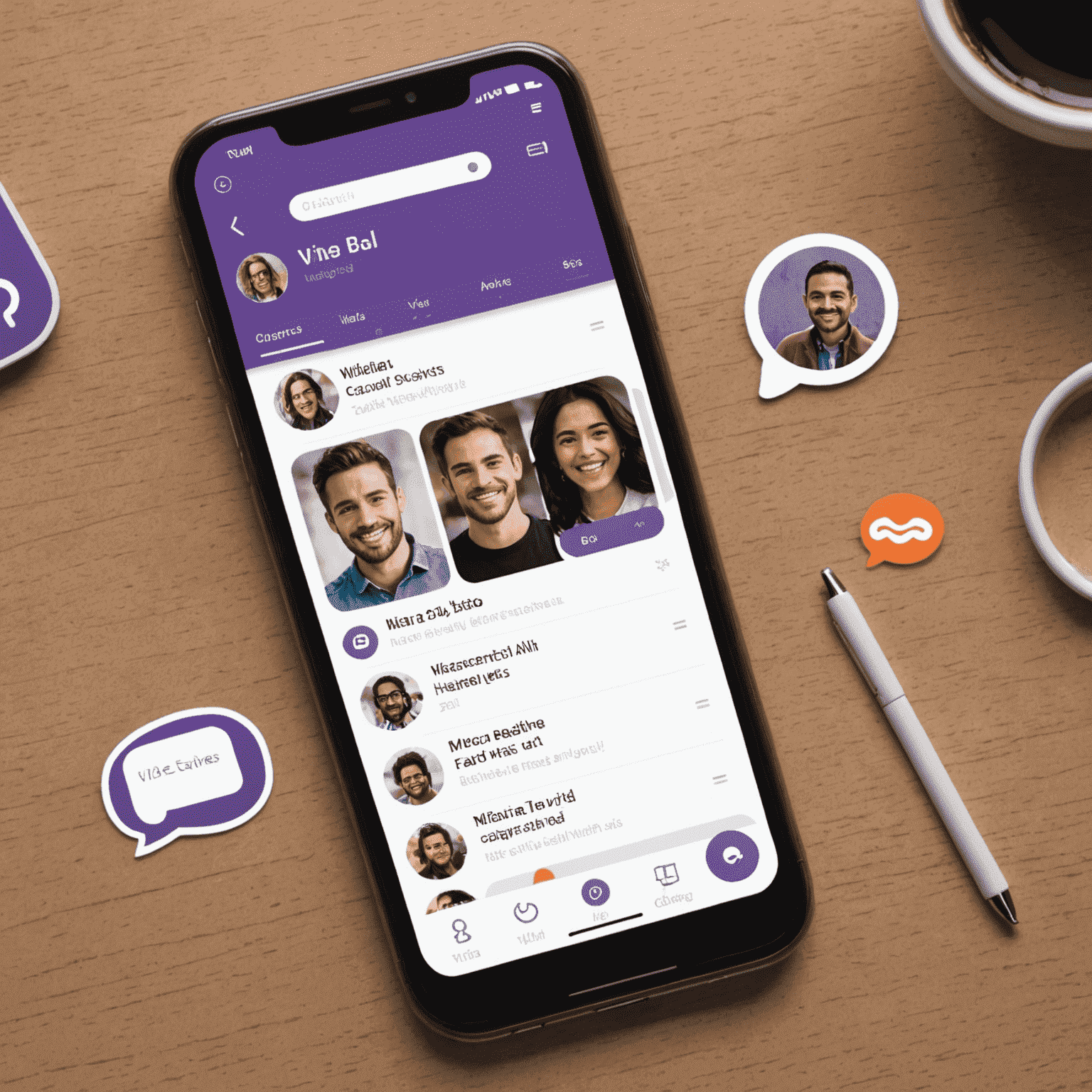 Interfejs Viber Messenger pokazujący główne funkcje aplikacji, takie jak czat, połączenia głosowe i wideo oraz naklejki